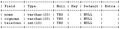 La console di MySQL mostra la struttura della tabella amici