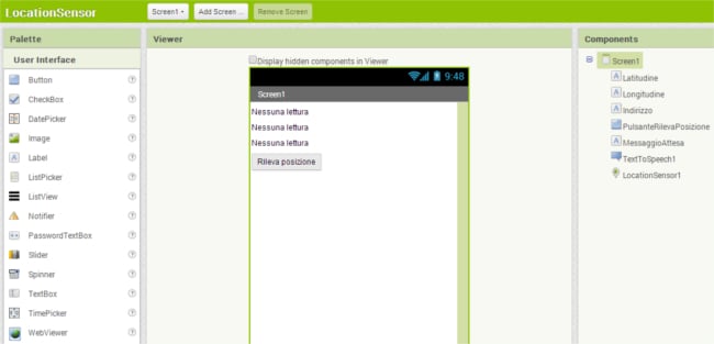 Scheda Designer dell'applicazione LocationSensor