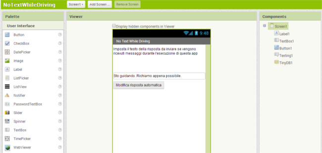 Scheda Designer dell'applicazione NoTextWhileDriving