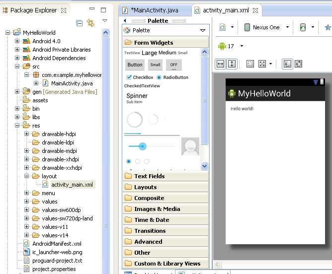 Interfaccia file main.xml su Eclipse.