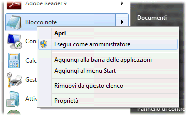 Apri il blocco note con privilegi di amministrazione