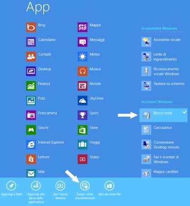 Aprire il blocco note con privilegi di amministrazione in Windows 8