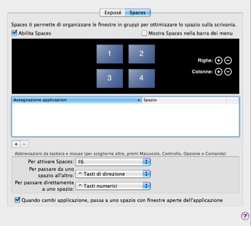 Menu Spaces in preferenze di sistema