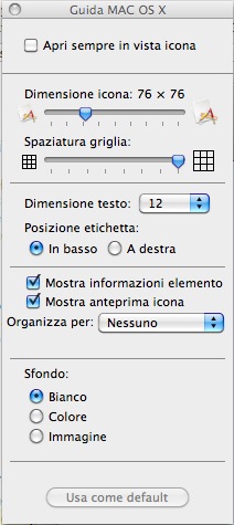 Schermata mostra opzoni vista del Finder