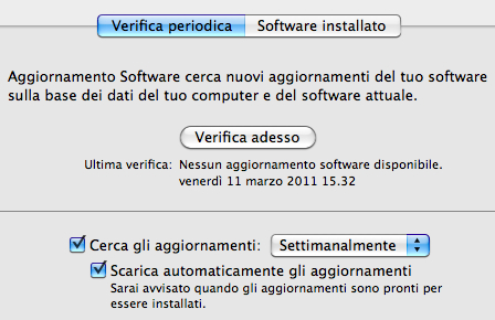 Menù aggiornamento software