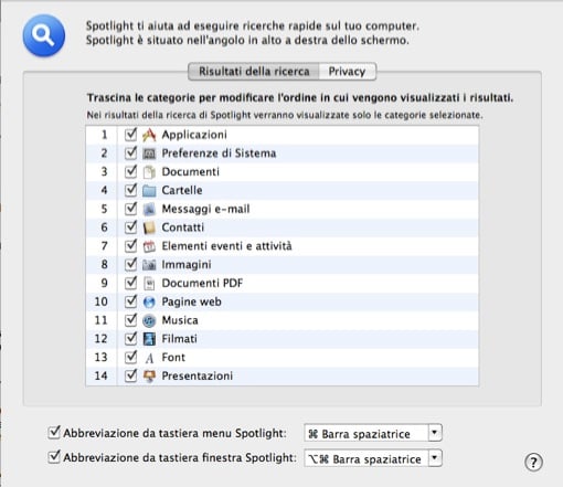 Preferenze di Spotlight