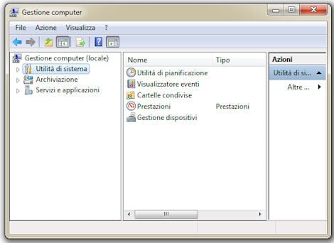 La finestra gestione computer di Windows 7