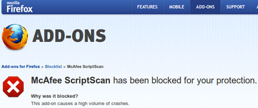 Firefox blocca McAfee ScriptScan