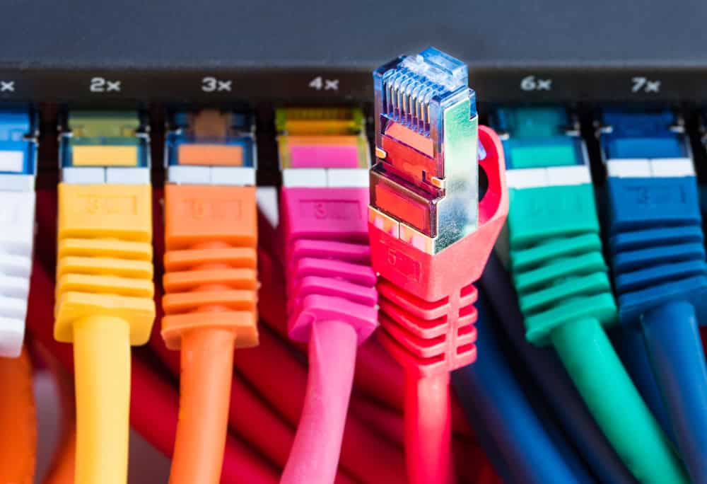 Cavi Ethernet multicolori, sono collegati a uno switch di rete