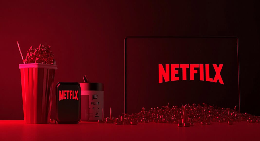 Uno schermo mostra l'iconico logo di Netflix, circondato da articoli a marchio Netflix e da una tazza di popcorn, in un ambiente scarsamente illuminato e dominato dal rosso.