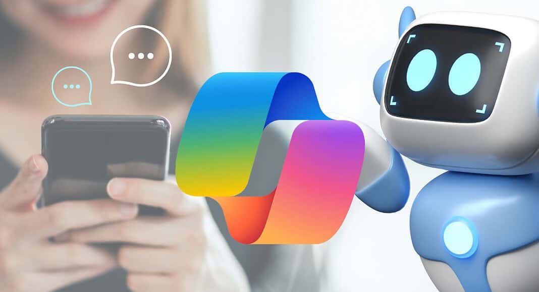 Una persona sta scrivendo un messaggio su uno smartphone con un robot assistente digitale e un logo colorato della chat di WhatsApp nelle vicinanze, mentre l'intelligenza artificiale di Microsoft Copilot fornisce assistenza senza interruzioni.