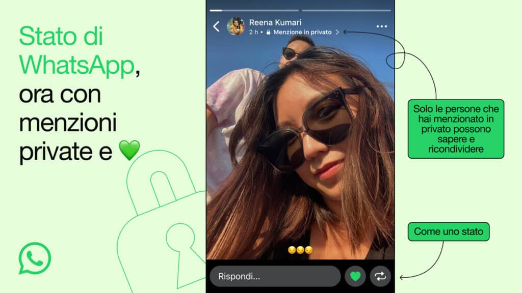 Donna con occhiali da sole in un selfie che mostra la nuova funzione di menzione privata su WhatsApp.