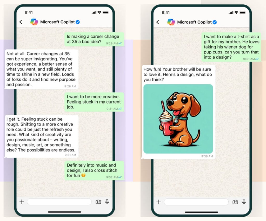 Due conversazioni di testo su WhatsApp su cambio di carriera e design creativo, con un'illustrazione di un cane con un frappuccino. La chat sembra quasi che un copilota AI chatbot stia guidando il dialogo con suggerimenti perspicaci e umorismo bizzarro.