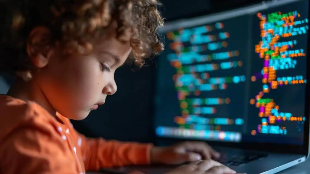 Un bambino concentrato sui linguaggi di programmazione, digita concentrato su un computer portatile