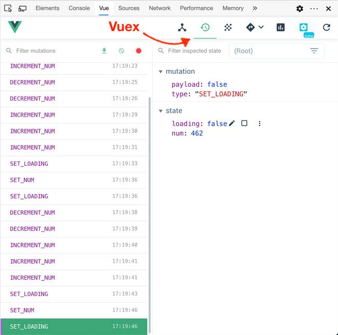 screenshot del pannello vuex nell'estensione vue devtools