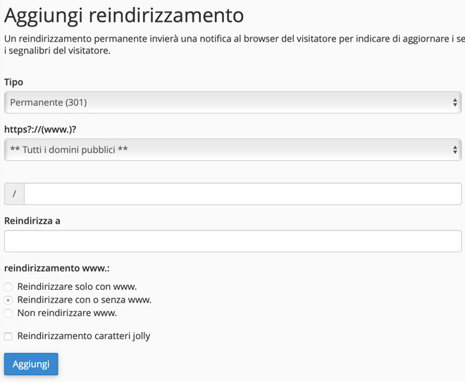 Impostare redirect attraverso cPanel