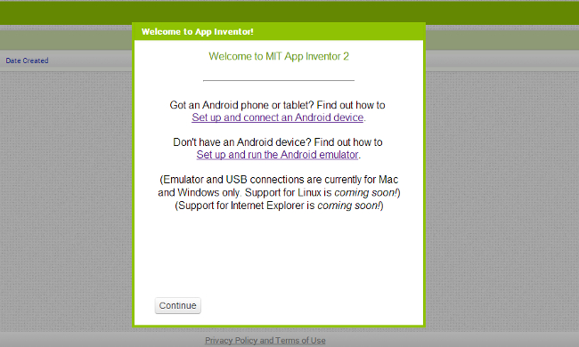 Schermata di benvenuto MIT App Inventor 2