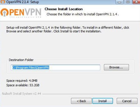 Schermata di installazione di OpenVPN, è possibile selezionare la directory di installazione