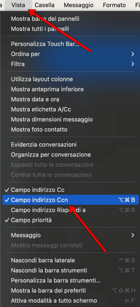 Un menu contestuale per le email in italiano che mostra opzioni come "Campo indirizzo Ccn", con frecce rosse che puntano verso di esso, semplificando l'invio di email a più destinatari.