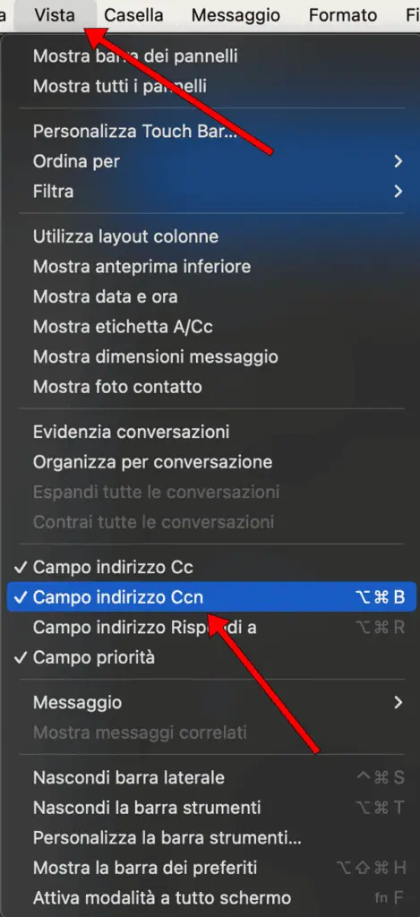 Un menu contestuale per le email in italiano che mostra opzioni come "Campo indirizzo Ccn", con frecce rosse che puntano verso di esso, semplificando l'invio di email a più destinatari.