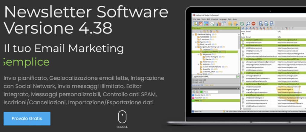 Interfaccia software per newsletter su uno schermo di laptop. Testo in italiano sulle funzionalità di email marketing, tra cui inviare email a più destinatari e usare destinatari nascosti. Un pulsante "Provalo Gratis" è ben visibile.