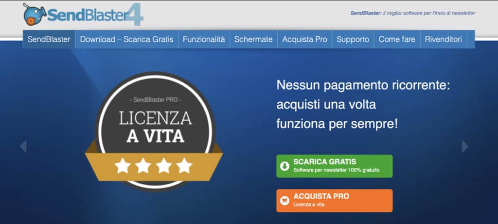 Banner del software SendBlaster 4 in italiano, evidenziando un'offerta di licenza a vita con download gratuito e opzioni di acquisto pro. Perfetto per inviare e-mail multiple senza mostrare indirizzi destinatari.