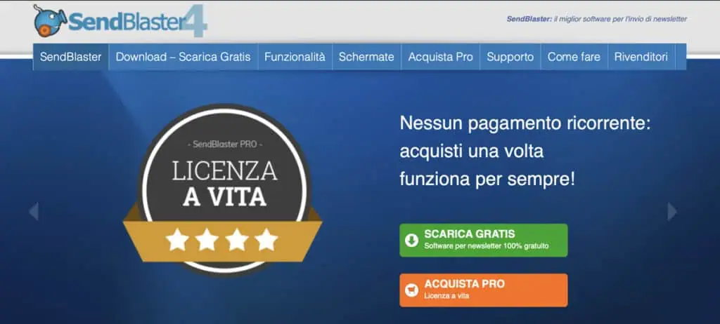 Banner del software SendBlaster 4 in italiano, evidenziando un'offerta di licenza a vita con download gratuito e opzioni di acquisto pro. Perfetto per inviare e-mail multiple senza mostrare indirizzi destinatari.