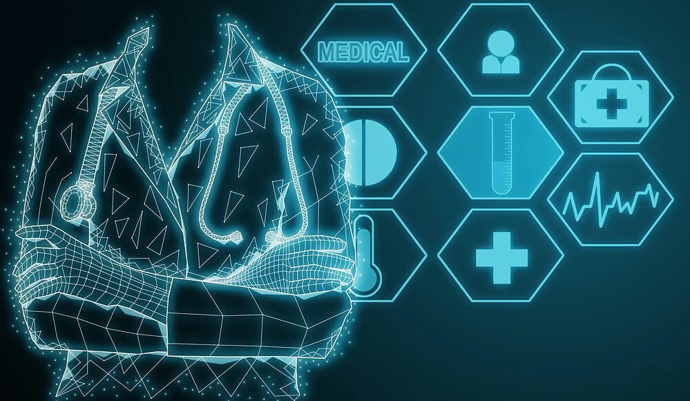 Un ologramma medico futuristico raffigurante un medico con stetoscopio e icone sanitarie, basato sulla tecnologia Microsoft Copilot, illumina la scena.