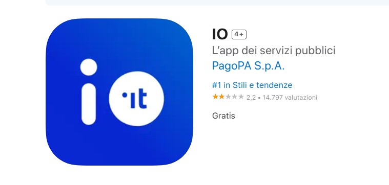 L'icona dell'app IO visualizza informazioni sui servizi pubblici, su PagoPA S.p.A. e sulle valutazioni in italiano, integrando perfettamente le funzionalità di IT-Wallet per un'esperienza semplificata.