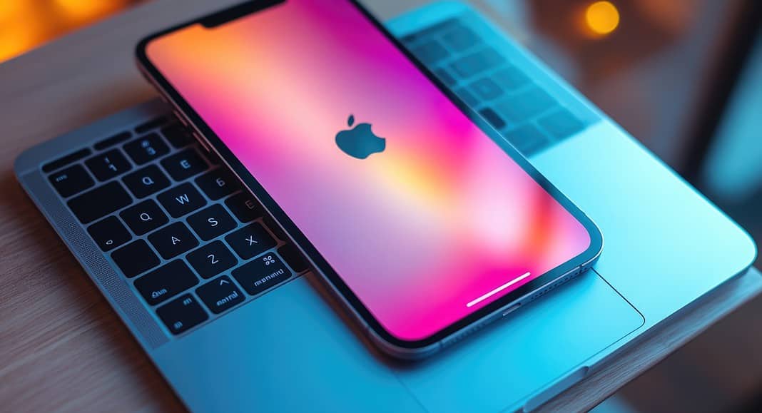 Uno smartphone con uno schermo sfumato rosa, su cui campeggia con orgoglio l'iconico logo Apple, è appoggiato sulla tastiera di un computer portatile.