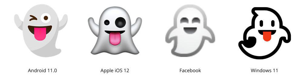 Quattro emoji fantasma da diverse piattaforme (Android, Apple iOS, Facebook e Windows), ognuna con stili unici. Perfette per aggiungere un tocco di stile Emoji Halloween alla tua festa da paura o per ravvivare le tue comunicazioni digitali con un po' di divertimento spettrale!