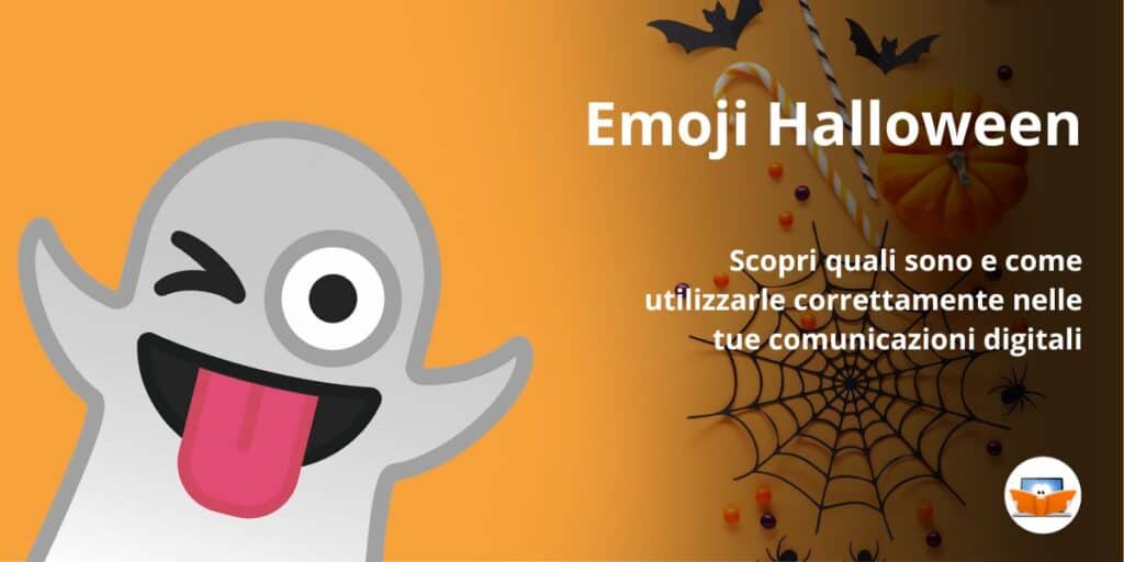 Emoji fantasma che ammicca con la lingua fuori; testo "Emoji Halloween" e decorazioni festive sullo sfondo. Perfetto per personalizza le tue comunicazioni digitali questa stagione spettrale, aggiungendo un tocco giocoso ai tuoi messaggi!