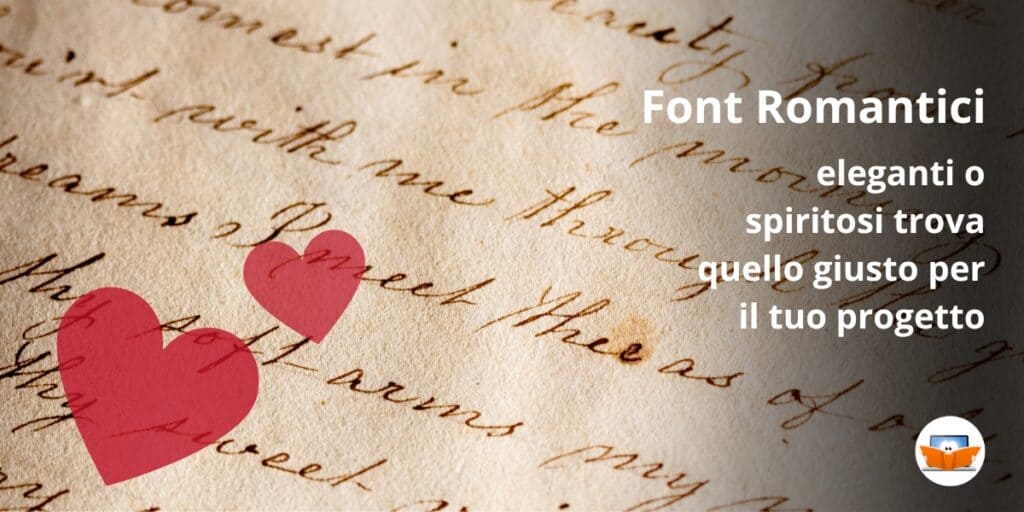 Il romantico font manoscritto Romantici impreziosisce la carta invecchiata con cuori rossi, con elegante testo in italiano sul lato.