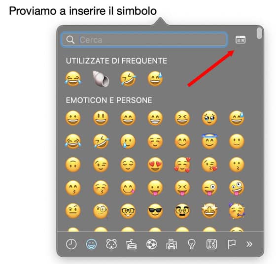 Un menu di selezione emoji con faccine sorridenti. Una freccia rossa indica un pulsante nell'angolo in alto a destra.