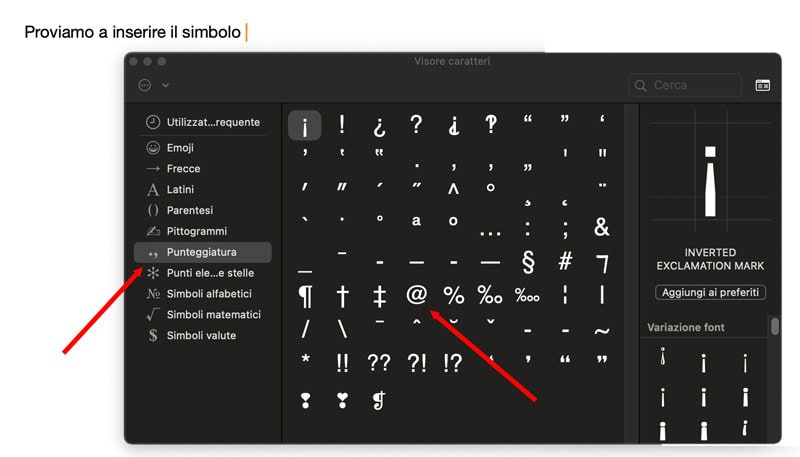 Interfaccia Mac italiana che mostra il visualizzatore di caratteri con simboli di punteggiatura. Due frecce rosse evidenziano simboli specifici, ideali per gli utenti che hanno bisogno di fare chiocciola su un Mac.