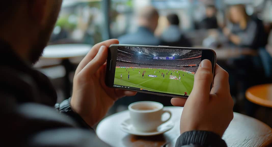 Una persona sta guardando una partita di calcio su uno smartphone con tecnologia Google, seduta in un accogliente bar con una tazza di caffè fumante appoggiata sul tavolo.