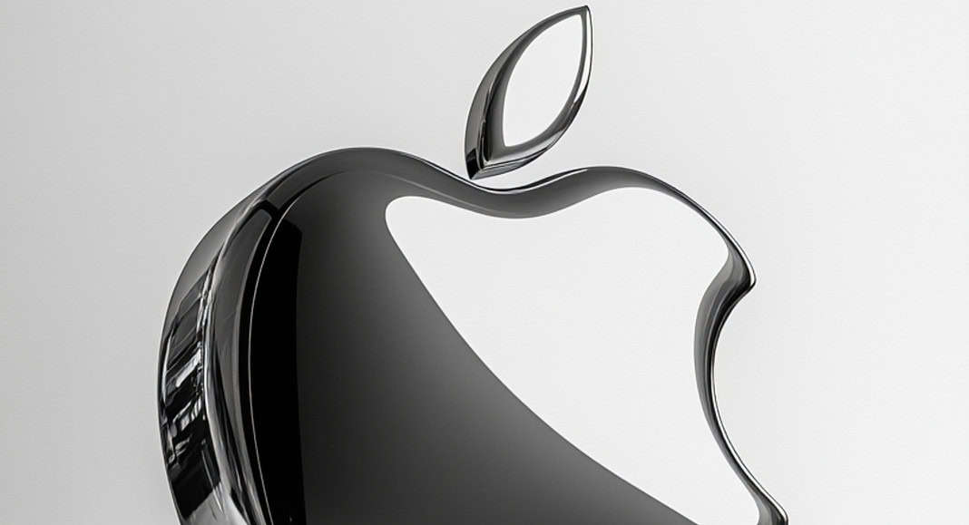 Il logo Apple tridimensionale cromato ispirato a Vision Pro si erge elegantemente su uno sfondo bianco immacolato.