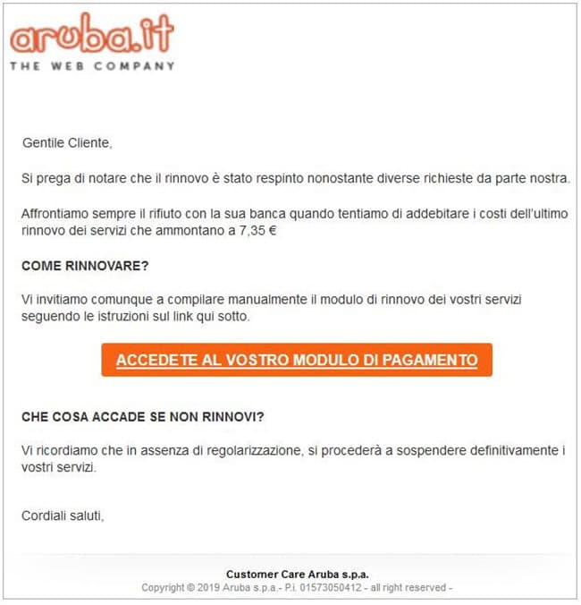 Email da Aruba sul rinnovo del tuo abbonamento con un pulsante di pagamento e le istruzioni per il rinnovo.