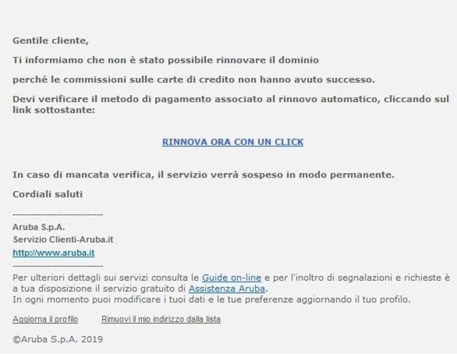 Oggetto: Azione Richiesta: Rinnovo Dominio Fallito Gentile utente, Il rinnovo del suo dominio è fallito. Si prega di rinnovare immediatamente verificando il metodo di pagamento attraverso il link fornito. Eviti il rischio di un dominio scaduto, per garantirne la continuità senza interruzioni.

Cordiali saluti,
