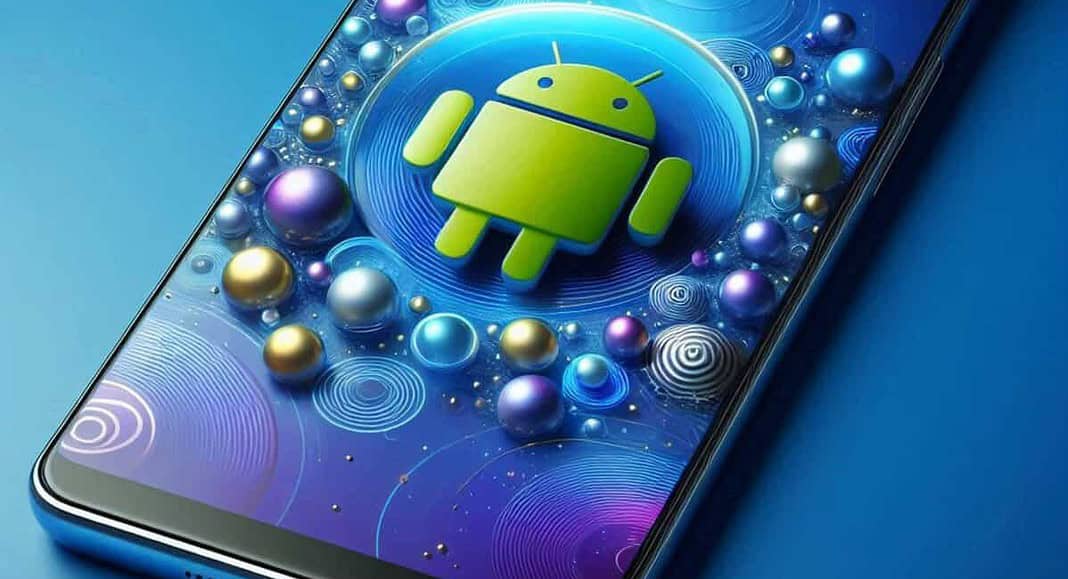 Uno smartphone mostra con orgoglio il logo Android, circondato da sfere vivaci su uno sfondo blu sereno, celebrando la sinfonia perfetta tra tecnologia e design.