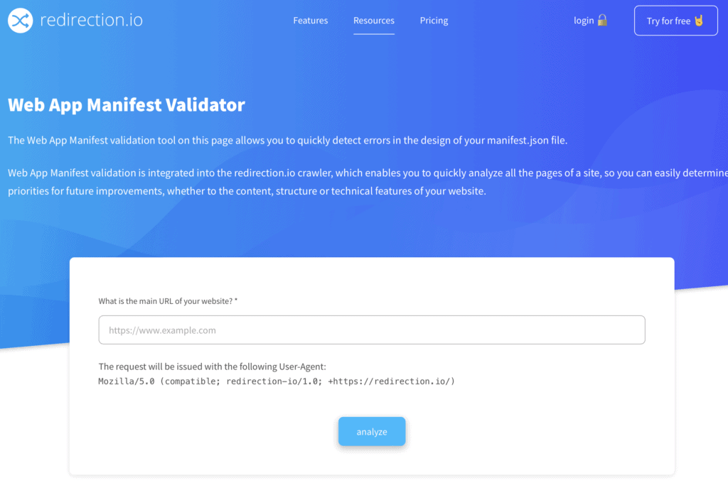 Screenshot di una pagina web intitolata "Web App Manifest Validator" con un modulo per immettere l'URL di un sito web per l'analisi, che spiega cos'è e l'importanza del file manifest.json per garantire il funzionamento impeccabile della tua app.