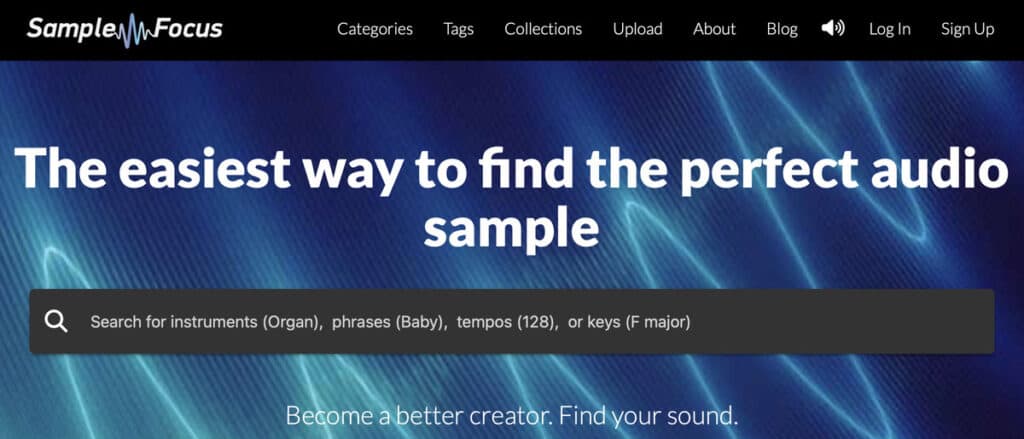 Homepage dotata di una barra di ricerca che offre campioni audio gratuiti, tra cui basi musicali e loop sonori, perfetti per i creatori.