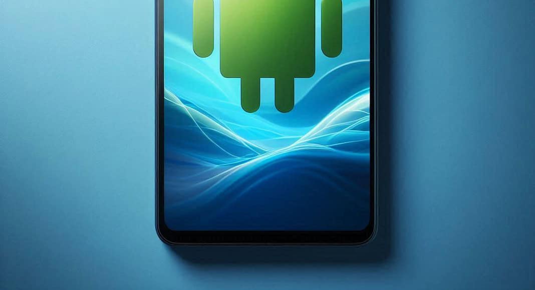 Questo elegante smartphone presenta sullo schermo l'iconico logo Android, che si abbina perfettamente allo sfondo blu dinamico con scintillanti strisce di luce.