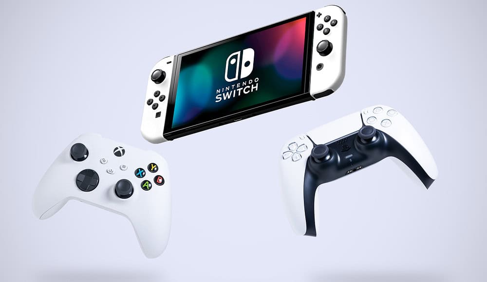 Controller di gioco bianchi fluttuanti e un elegante Nintendo Switch OLED si librano su uno sfondo grigio chiaro, mettendo in mostra l'esperienza Nintendo definitiva.