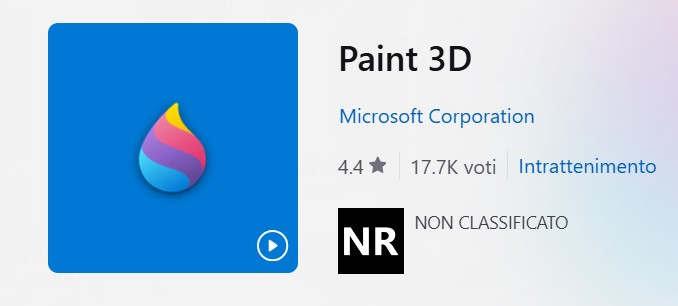 L'icona dell'app Paint 3D è caratterizzata da una goccia vivace e colorata, che integra perfettamente lo stile distintivo di Microsoft con le informazioni di valutazione ben visibili.